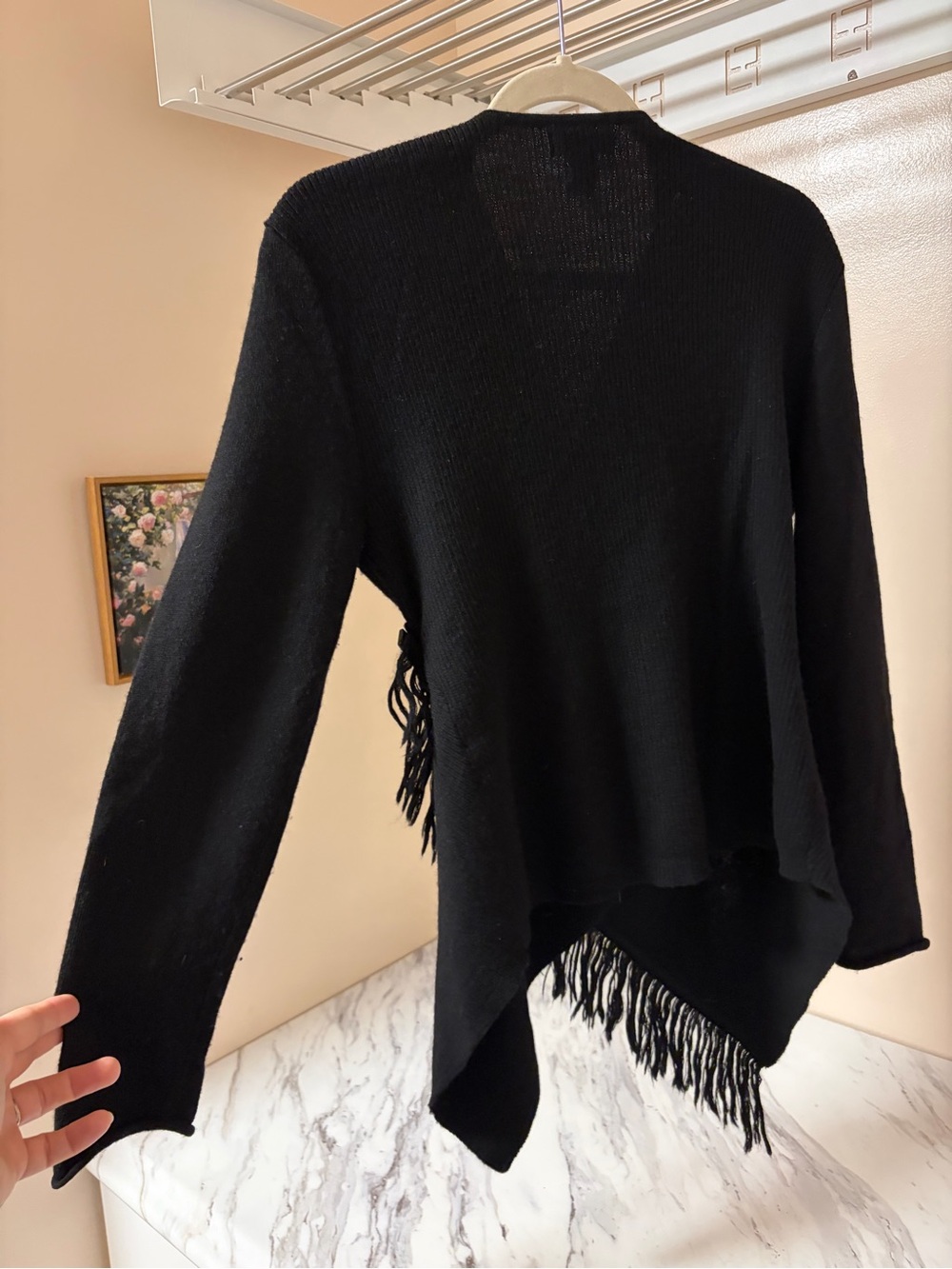 Vintage 100% Merino Wool Tweeds Black Fringed Wrap V‑Neck Sweater - Picture 3 of 4